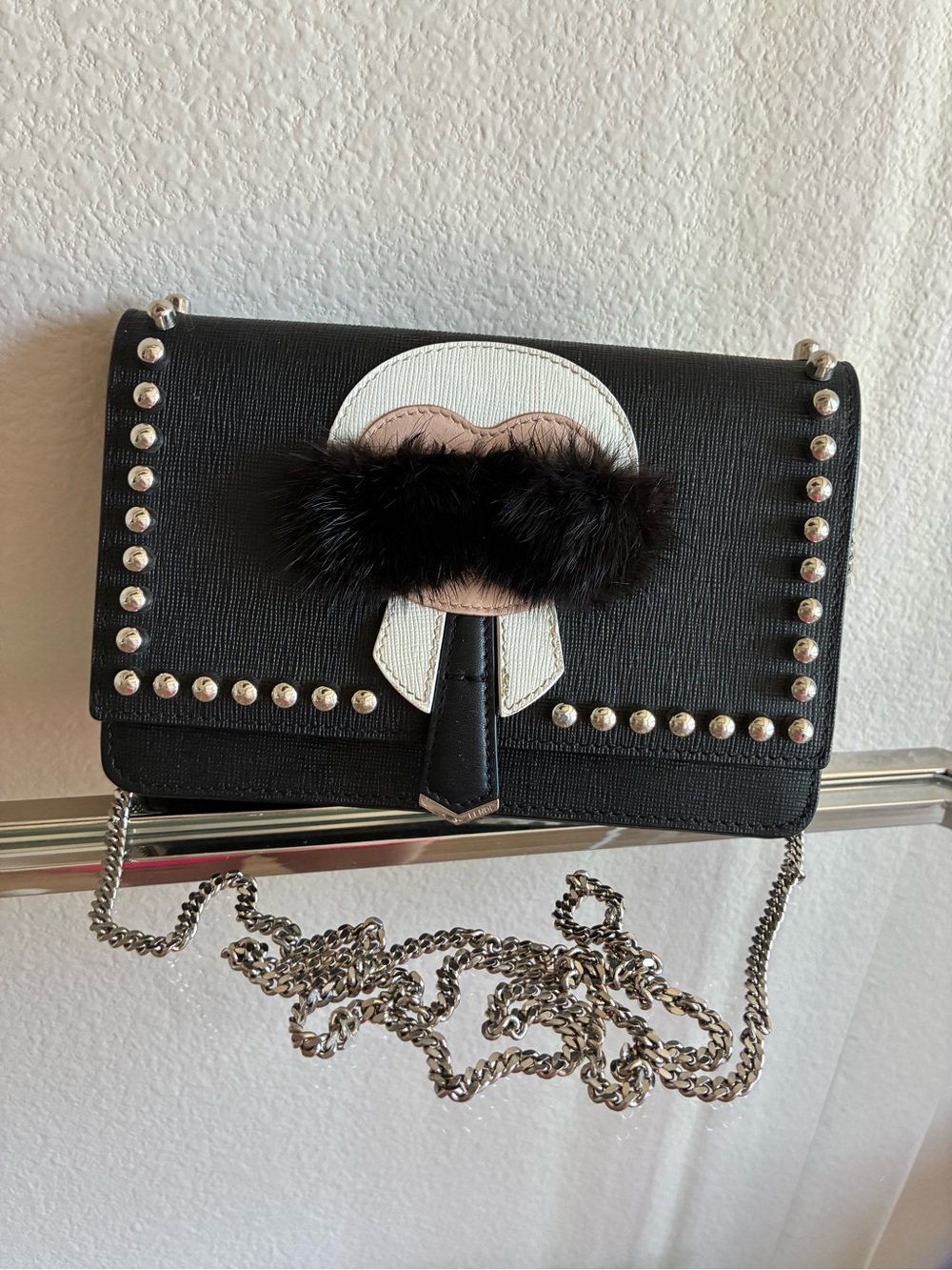 Fendi Karlito Studded Wallet on Chain / Clutch with Black Fur - Picture 16 of 16